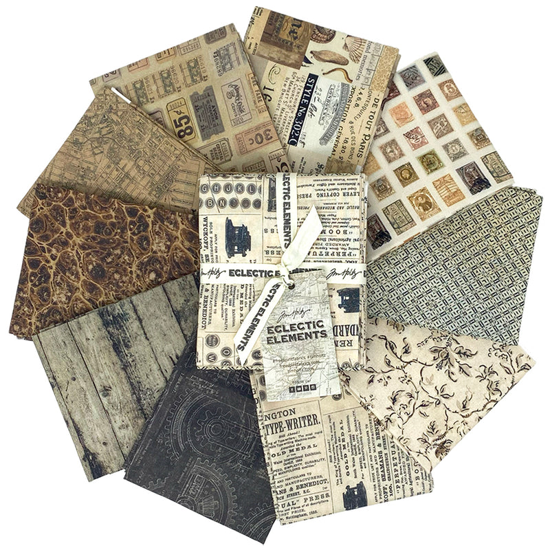 Tim Holtz Eclectic Elements Palette Neutral 18”x21” Fat Quarter Bundle of 10 pieces FB4FQTH.NEUTRAL