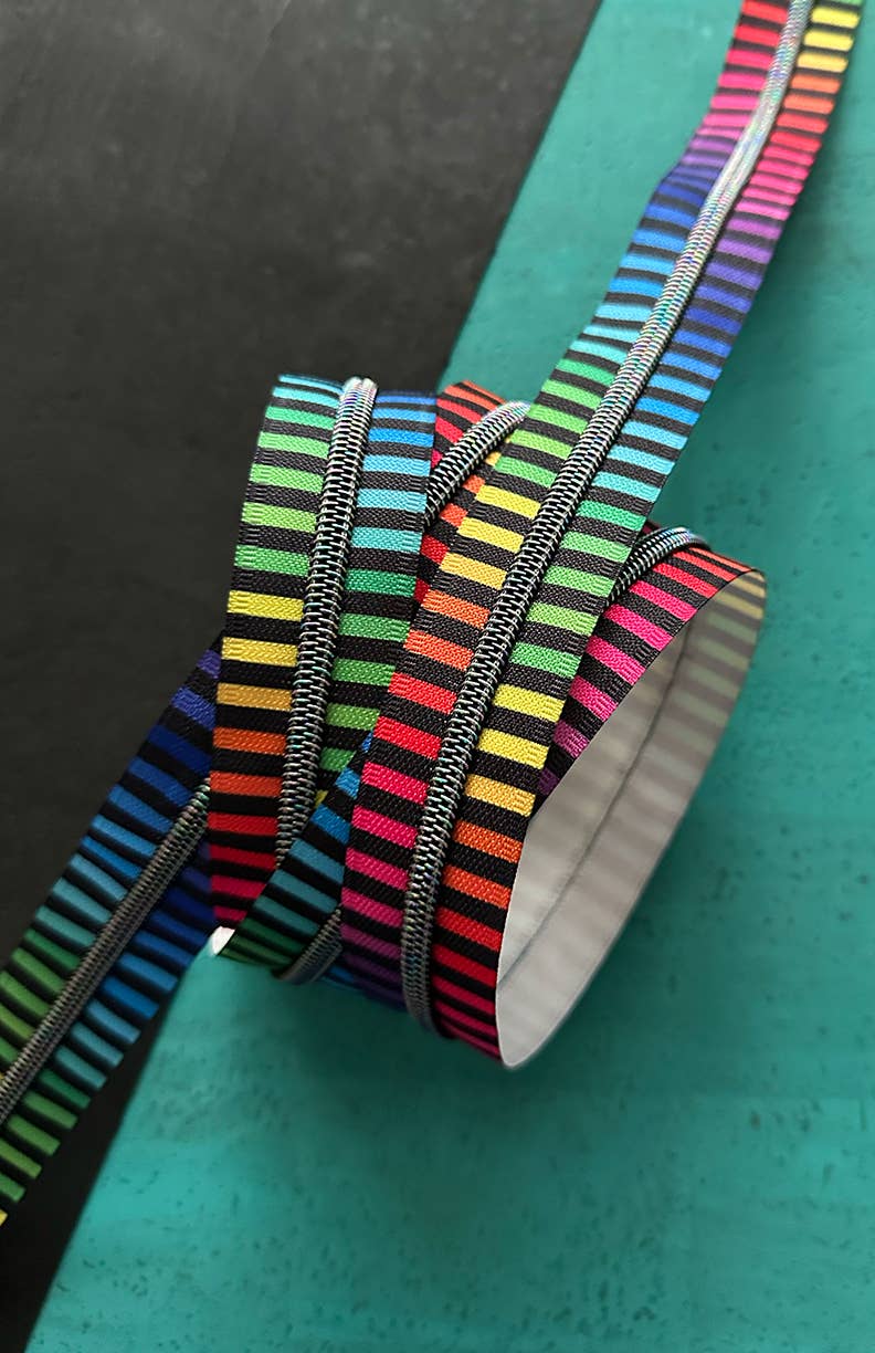 Wide Rainbow Stripe Zipper Tape with Iridescent teeth-Pulls Not Included