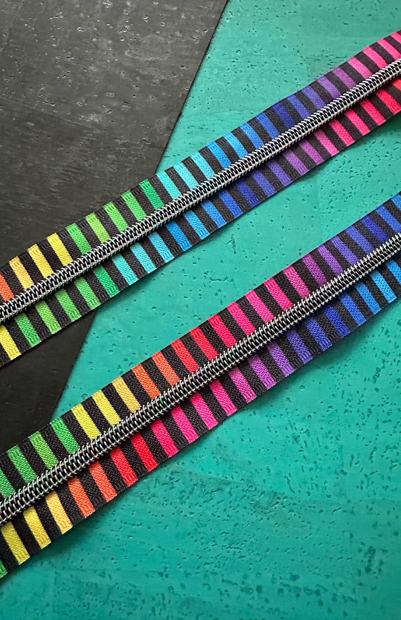 Wide Rainbow Stripe Zipper Tape with Iridescent teeth-Pulls Not Included