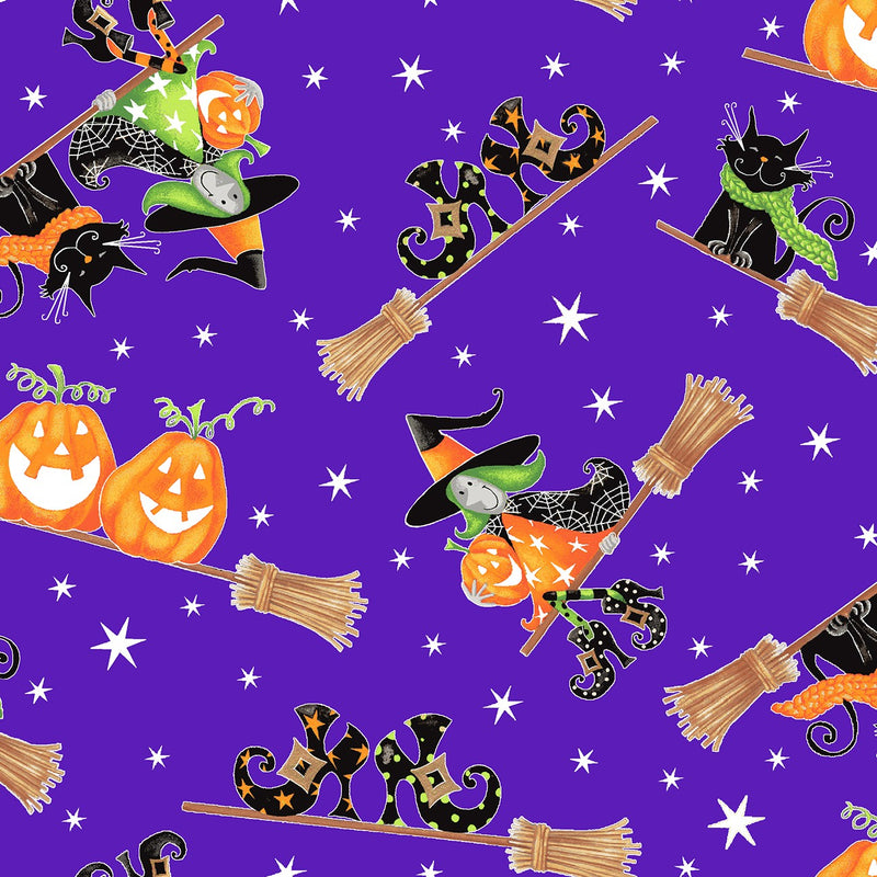 Purple Flying Witches Glow in the Dark Fabric