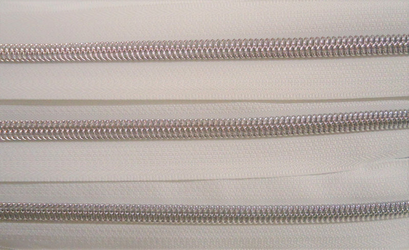 White Metallic Zipper Tape with Silver