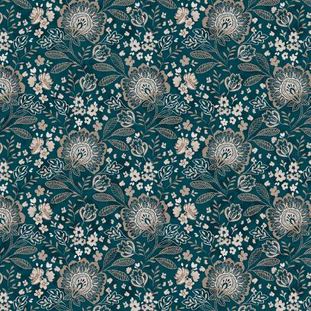 Dark Teal Elizabeth 108in Wide Back Jacobean Allover